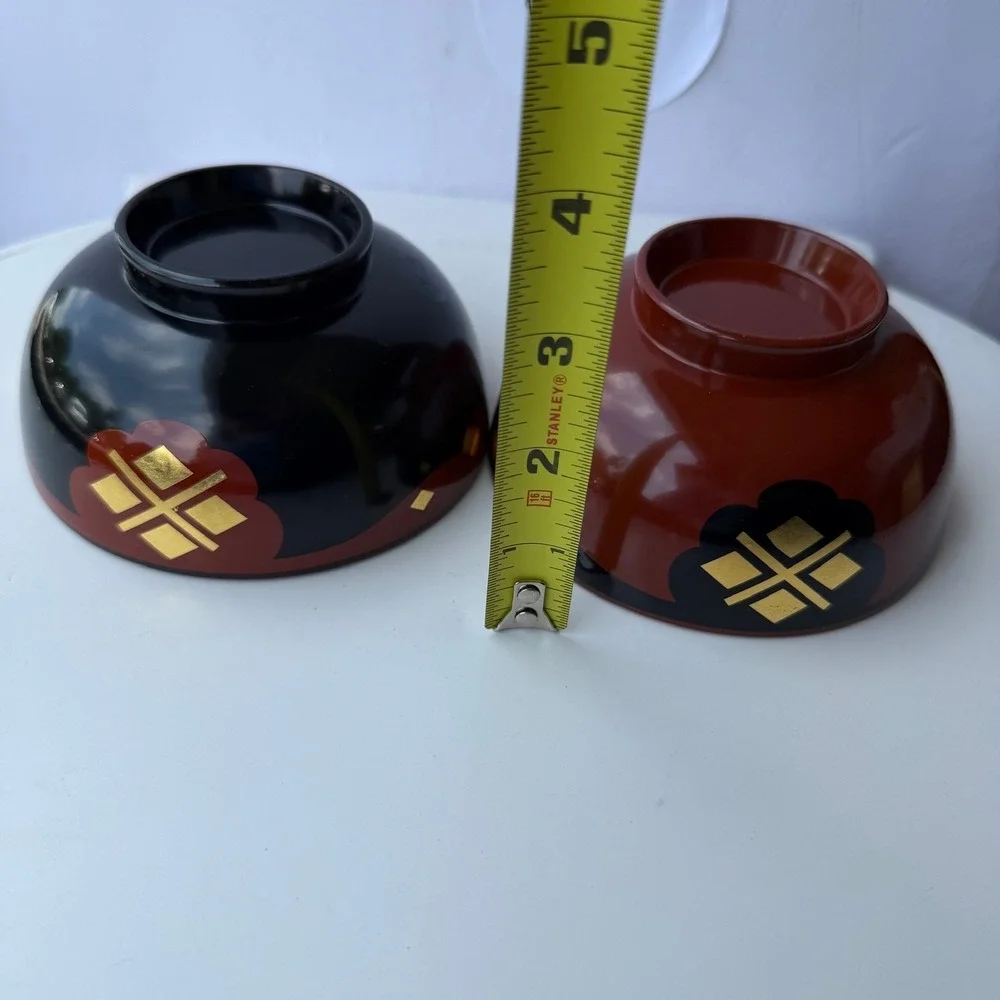 Set of 2 Japanese Lacquerware Soup Bowls Red Black Gold Motif B-9